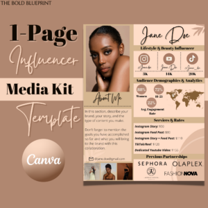 A sleek, one-page Canva media kit template for influencers and content creators, showcasing a professional design perfect for TikTok, Instagram, and YouTube. The template includes sections for audience demographics, follower count, previous sponsorships, services offered, and rates, with customizable colors, text, and photos to match your brand aesthetic. Ideal for presenting to potential sponsors or collaborations.